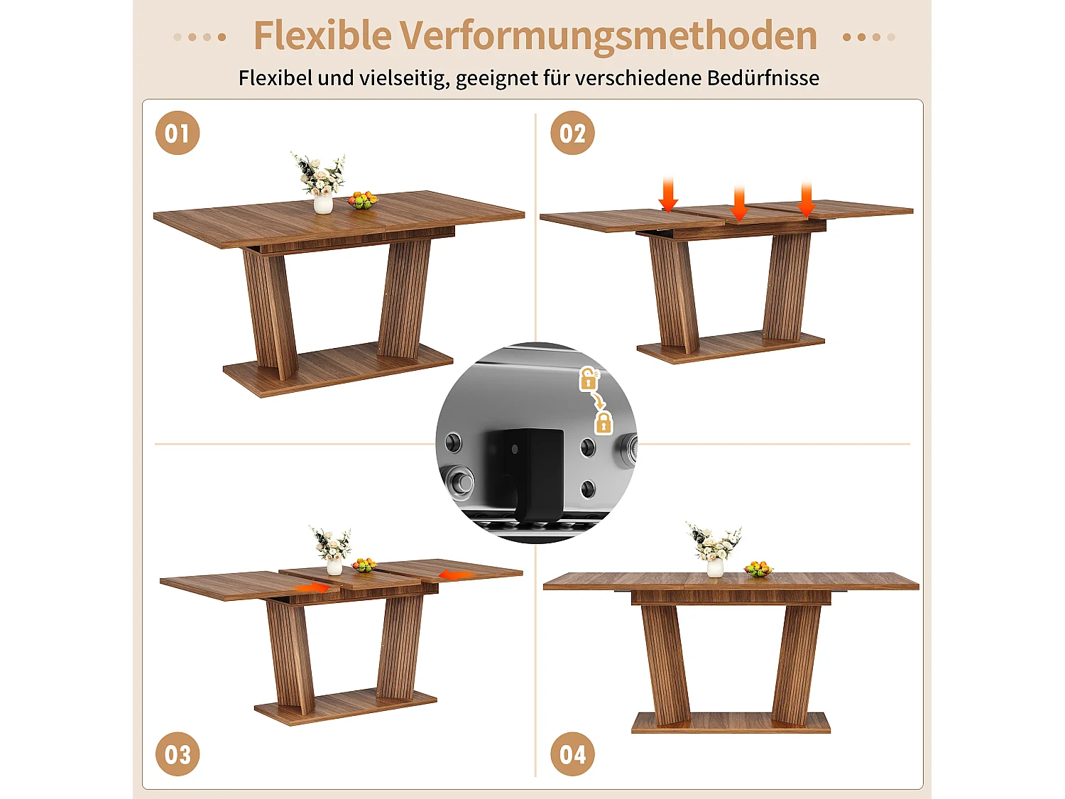 Ausziehbarer Esstisch in Holzoptik mit verstellbaren, rutschfesten Füßen – MDF und Metall – 120/160 x 80 x 76 cm – Dunkelbraun