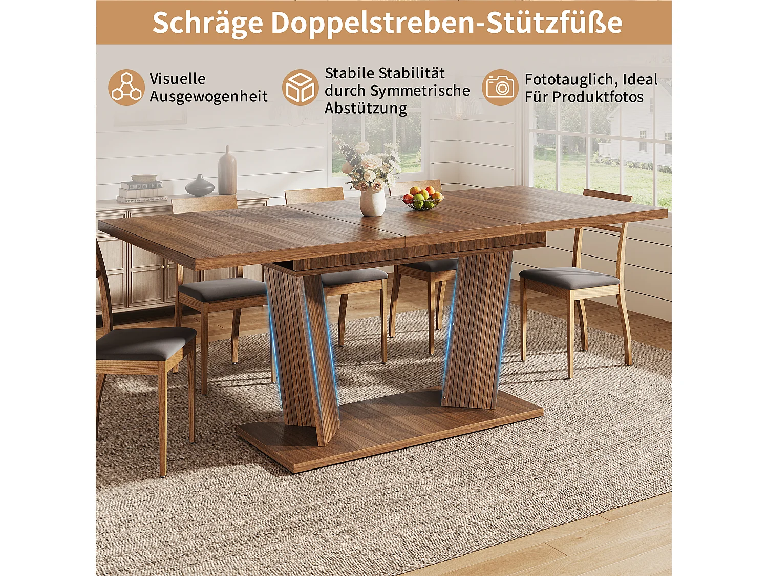 Ausziehbarer Esstisch in Holzoptik mit verstellbaren, rutschfesten Füßen – MDF und Metall – 120/160 x 80 x 76 cm – Dunkelbraun