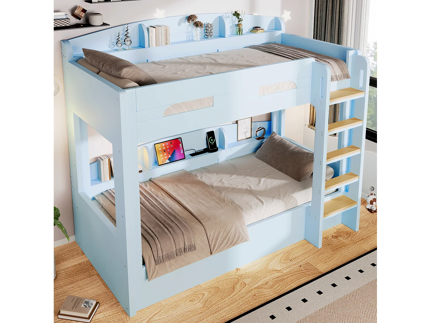 Letto a castello 90 x 200 cm con contenitore, ripiani laterali e porta USB - MDF + Pino - Azzurro (Materasso non incluso)