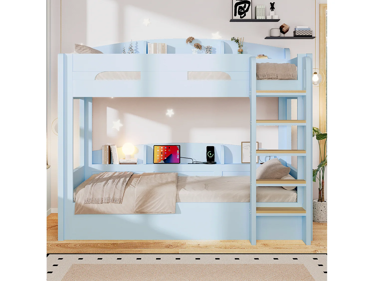 Letto a castello 90 x 200 cm con contenitore, ripiani laterali e porta USB - MDF + Pino - Azzurro (Materasso non incluso)