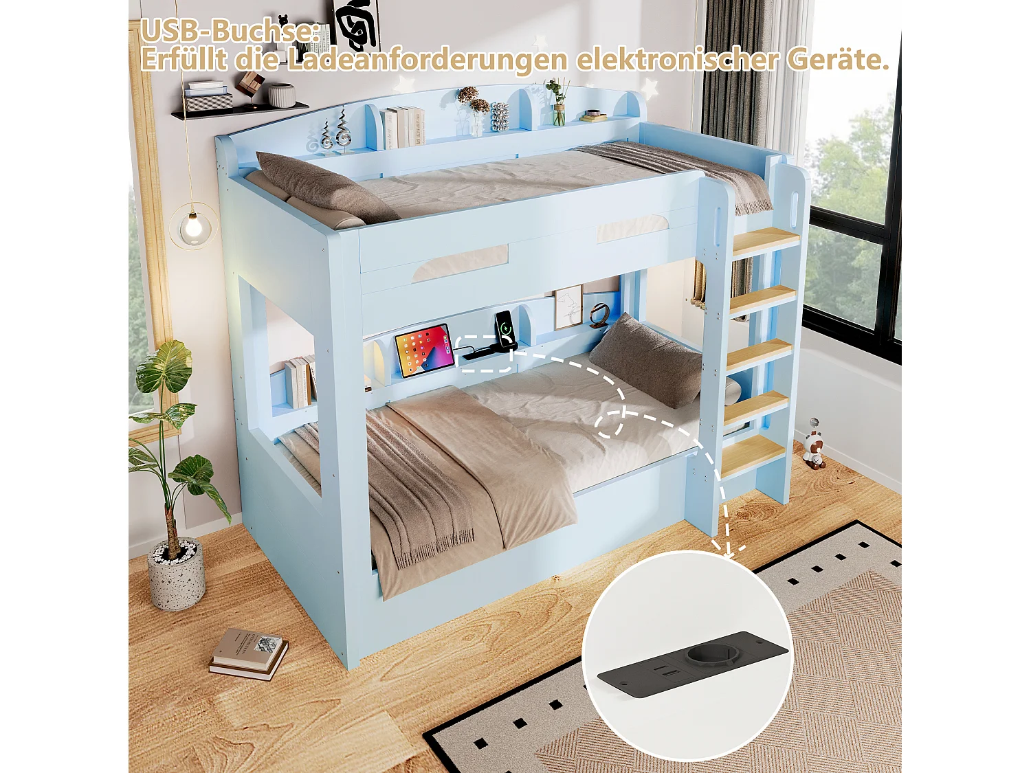 Letto a castello 90 x 200 cm con contenitore, ripiani laterali e porta USB - MDF + Pino - Azzurro (Materasso non incluso)