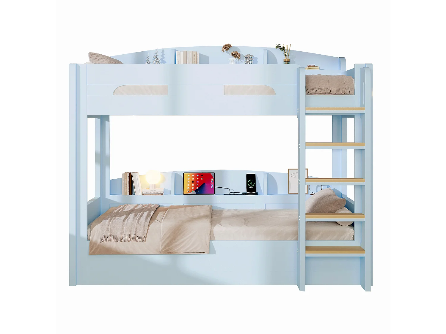 Letto a castello 90 x 200 cm con contenitore, ripiani laterali e porta USB - MDF + Pino - Azzurro (Materasso non incluso)