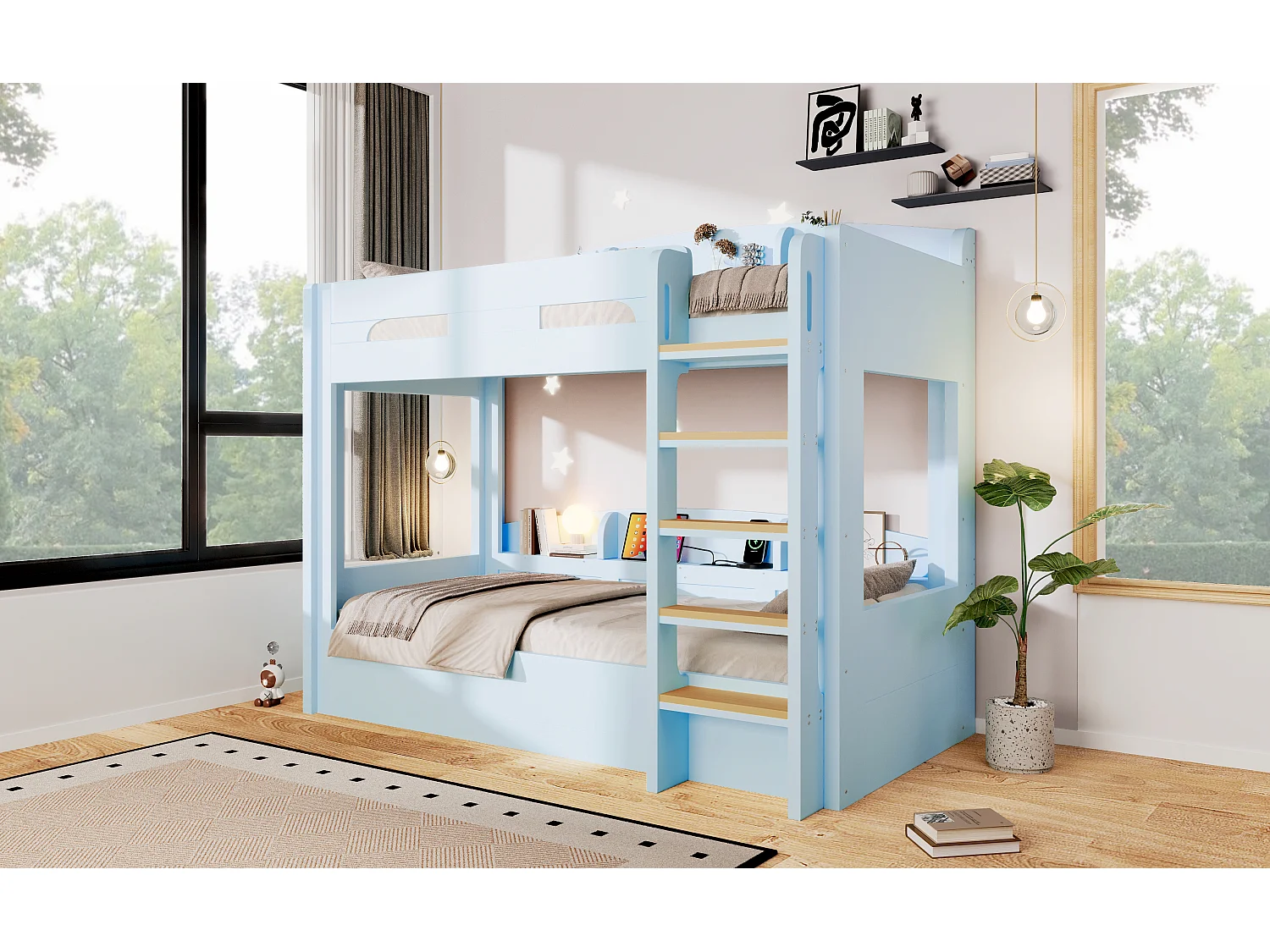 Letto a castello 90 x 200 cm con contenitore, ripiani laterali e porta USB - MDF + Pino - Azzurro (Materasso non incluso)