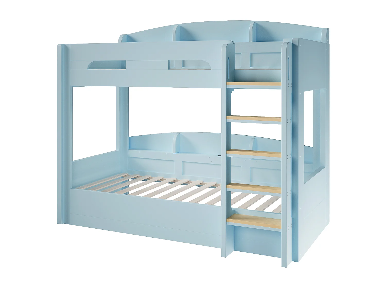 Letto a castello 90 x 200 cm con contenitore, ripiani laterali e porta USB - MDF + Pino - Azzurro (Materasso non incluso)