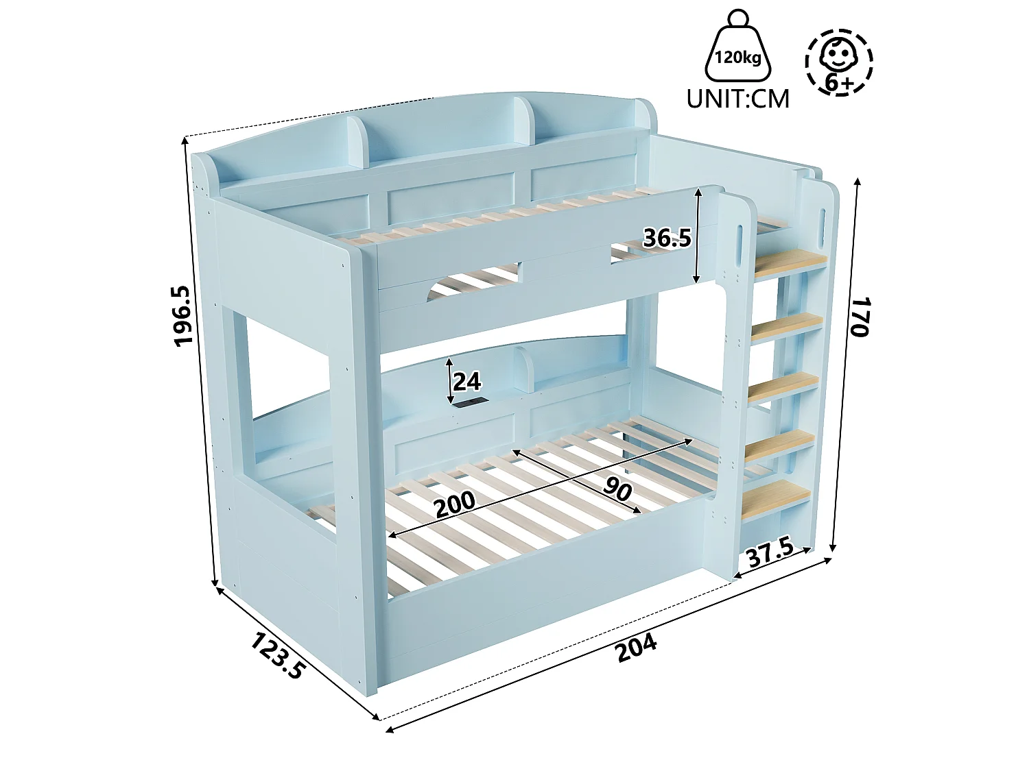 Letto a castello 90 x 200 cm con contenitore, ripiani laterali e porta USB - MDF + Pino - Azzurro (Materasso non incluso)