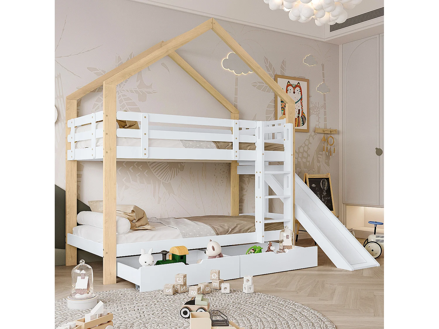 Våningssängar 2 x 90 x 200 cm med utdragsskena och 2 lådor - Massivt trä och MDF - Vit + naturfärgad (Madrass ingår ej)