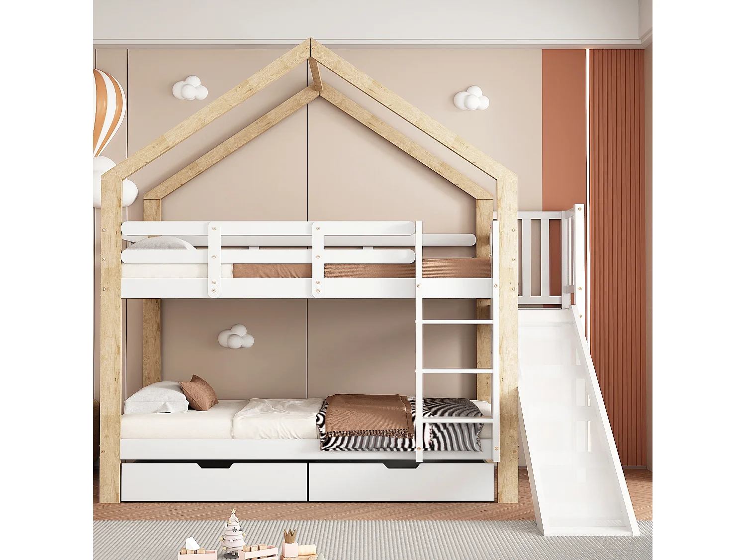 Våningssängar 2 x 90 x 200 cm med utdragsskena och 2 lådor - Massivt trä och MDF - Vit + naturfärgad (Madrass ingår ej)