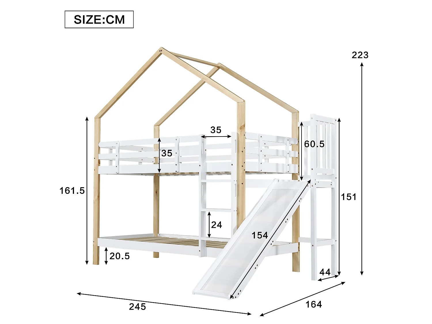 Våningssängar 2 x 90 x 200 cm med utdragsskena och 2 lådor - Massivt trä och MDF - Vit + naturfärgad (Madrass ingår ej)