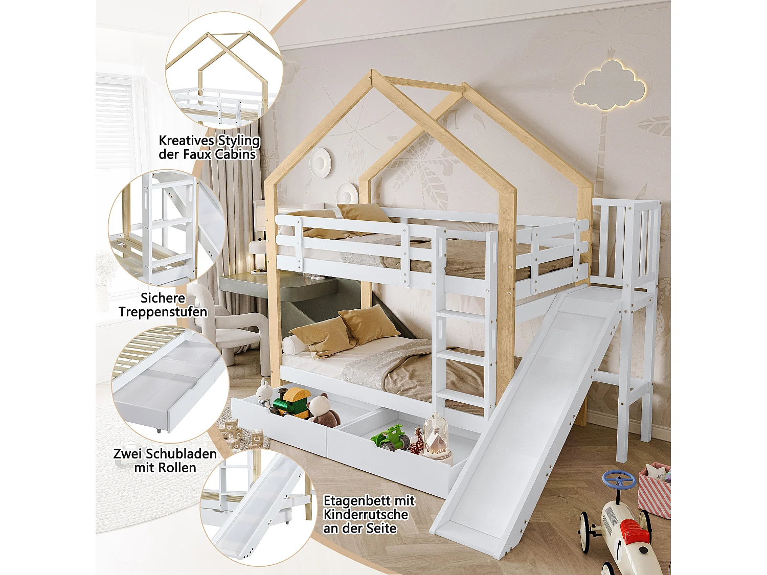 Våningssängar 2 x 90 x 200 cm med utdragsskena och 2 lådor - Massivt trä och MDF - Vit + naturfärgad (Madrass ingår ej)