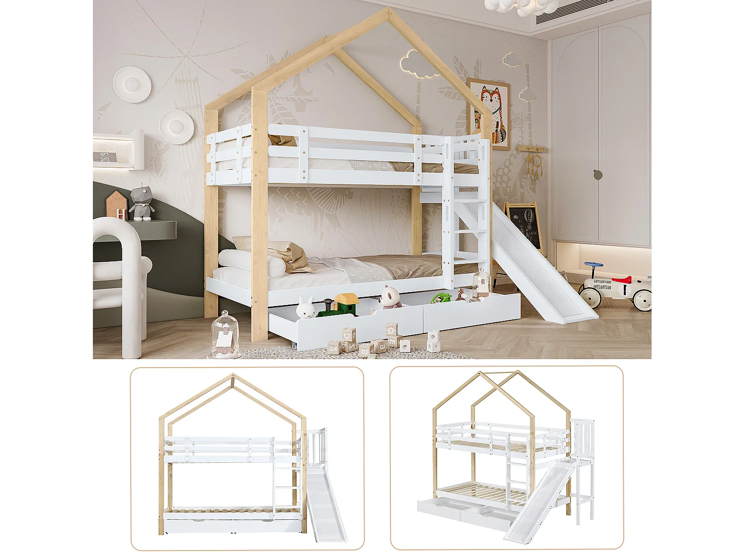Våningssängar 2 x 90 x 200 cm med utdragsskena och 2 lådor - Massivt trä och MDF - Vit + naturfärgad (Madrass ingår ej)