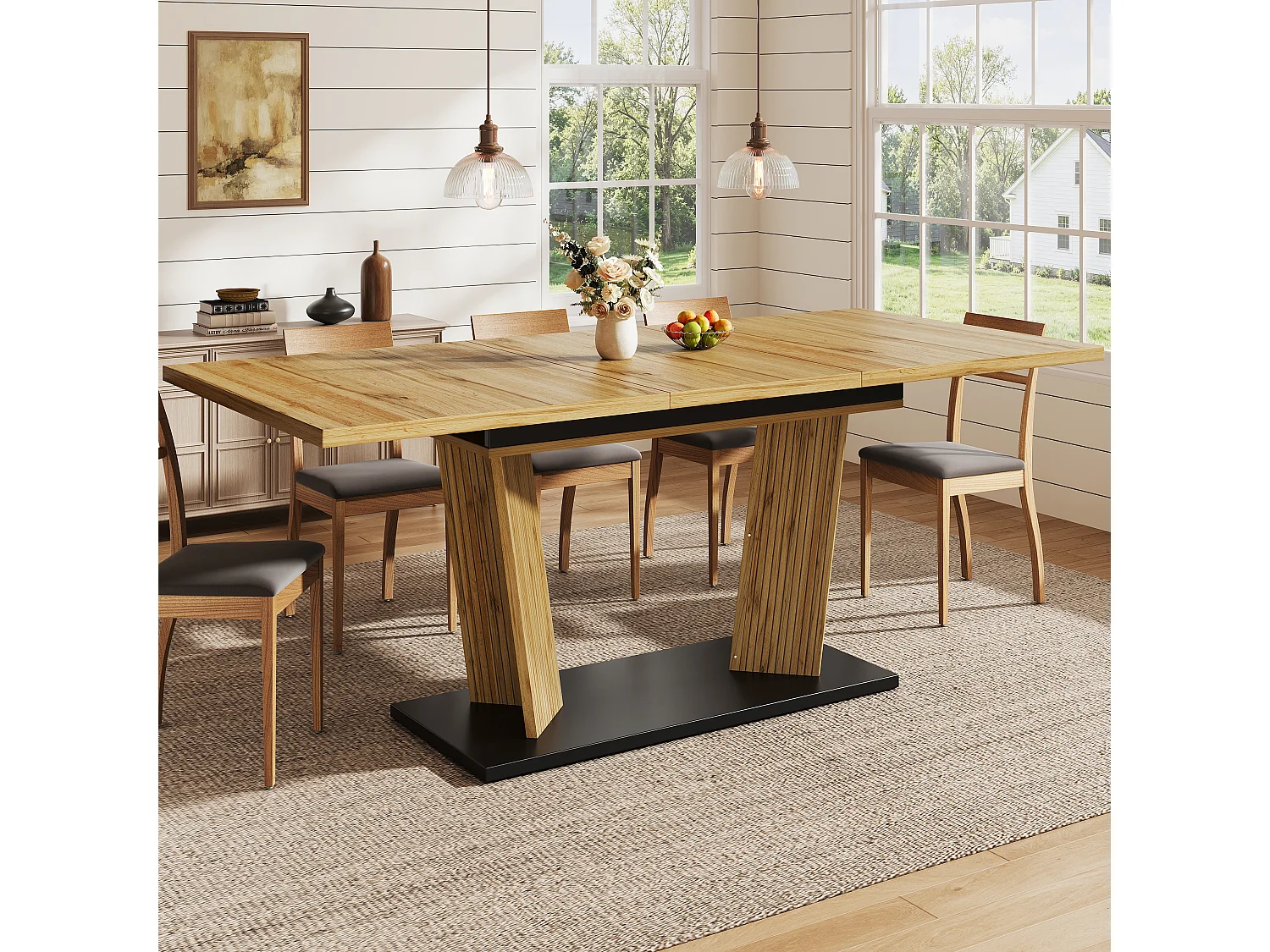 Table à manger extensible effet bois avec pieds réglables antidérapants - MDF et métal - 120/160 x 80 x 76 cm - Chêne