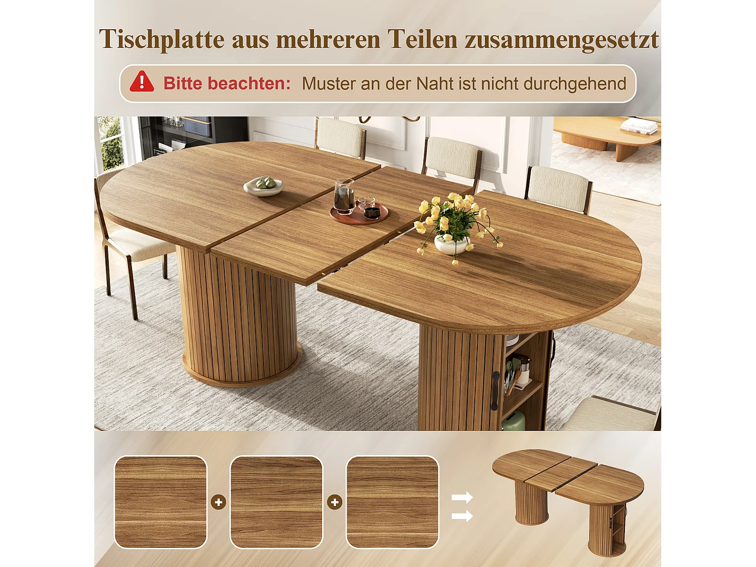 Ovaler, ausziehbarer Esstisch mit 4 Schiebetüren – MDF und Metall – 149,8/189,7 x 80 x 75 cm – Dunkelbraun