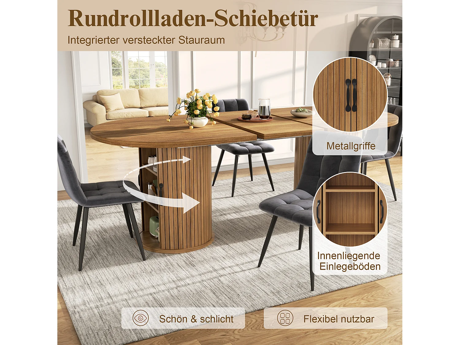 Ovaler, ausziehbarer Esstisch mit 4 Schiebetüren – MDF und Metall – 149,8/189,7 x 80 x 75 cm – Dunkelbraun