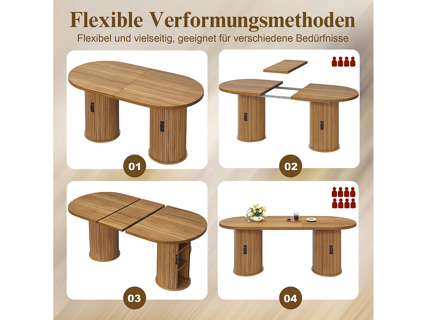 Ovaler, ausziehbarer Esstisch mit 4 Schiebetüren – MDF und Metall – 149,8/189,7 x 80 x 75 cm – Dunkelbraun