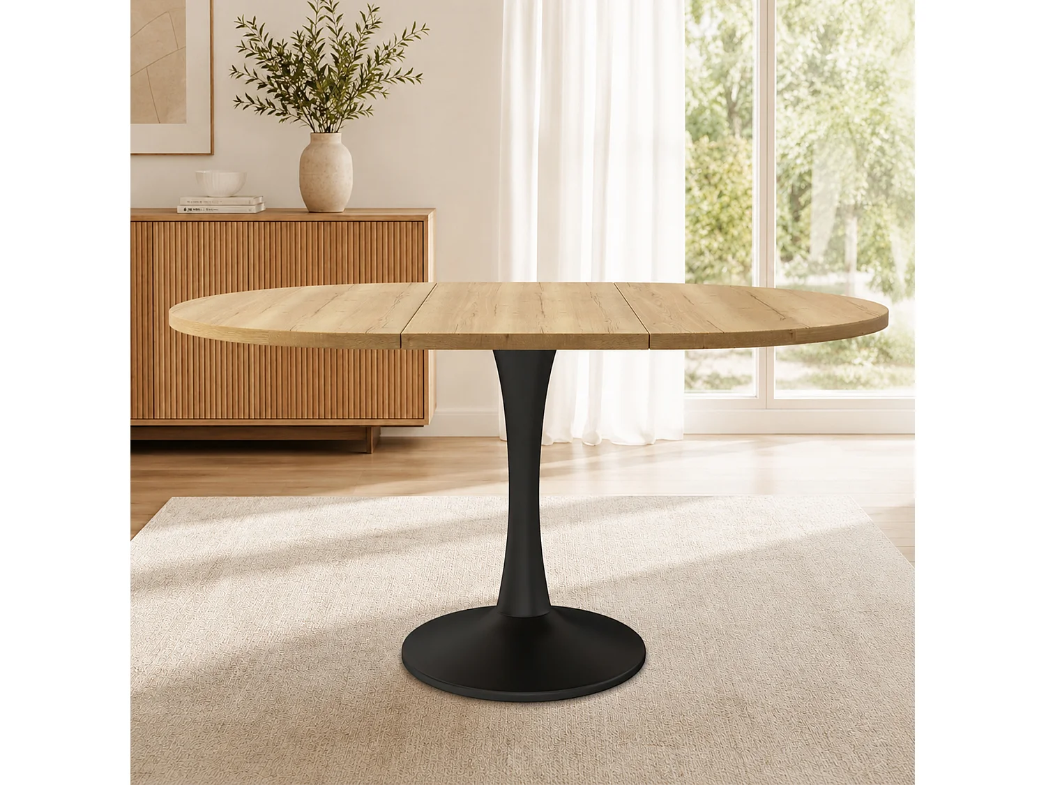 Table à manger ovale extensible 4 à 6 couverts, table multifonctionnelle gain de place - MDF et fer - 100/140 x 100 x 75 cm - Chêne