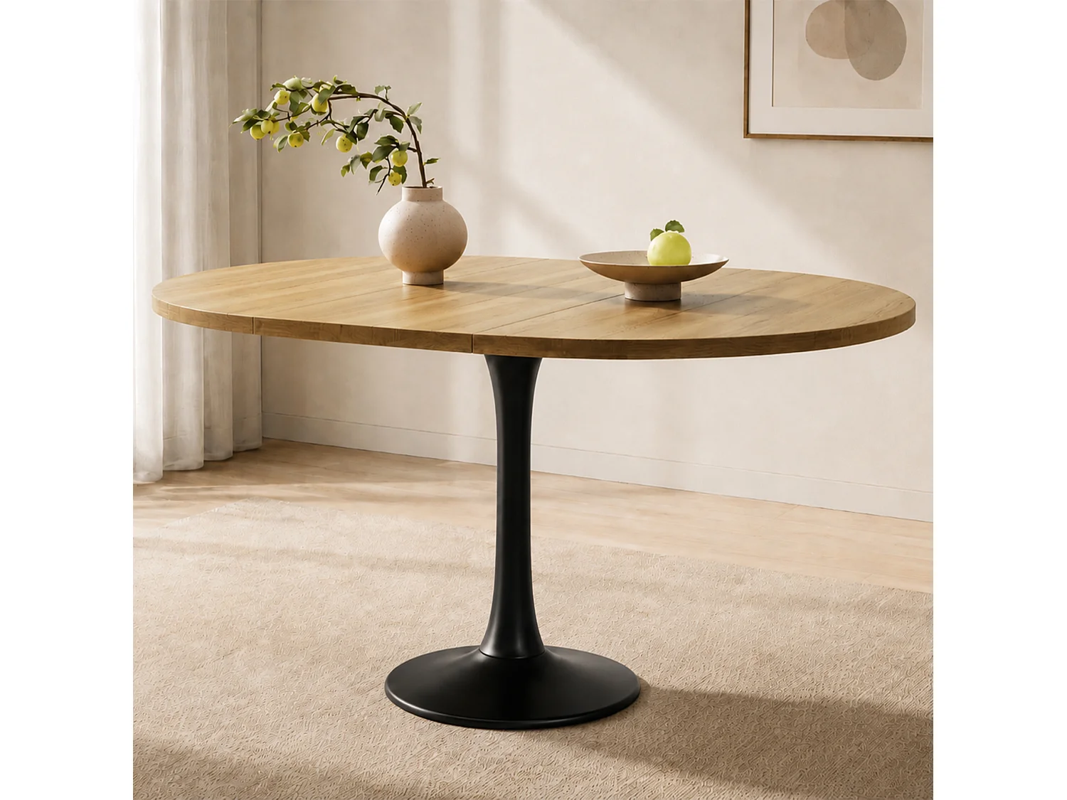 Table à manger ovale extensible 4 à 6 couverts, table multifonctionnelle gain de place - MDF et fer - 100/140 x 100 x 75 cm - Chêne