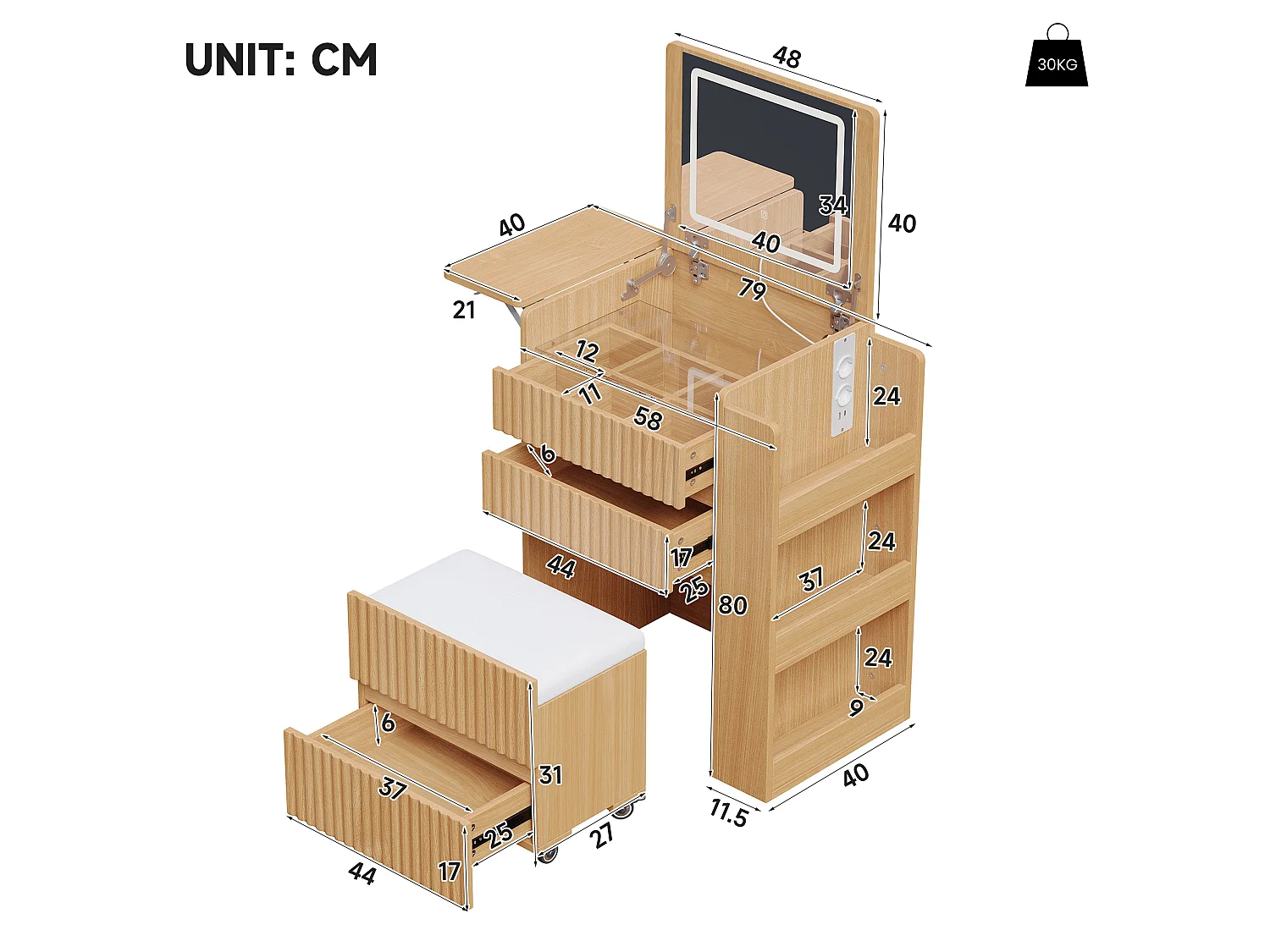 Coiffeuse avec miroir LED pliant, tabouret à roulettes, prises USB/USB-C et 3 tiroirs – Panneaux de particules et MDF – 58 x 40 x 80 cm – Naturel