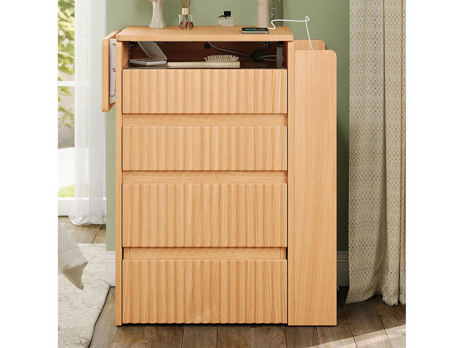 Coiffeuse avec miroir LED pliant, tabouret à roulettes, prises USB/USB-C et 3 tiroirs – Panneaux de particules et MDF – 58 x 40 x 80 cm – Naturel