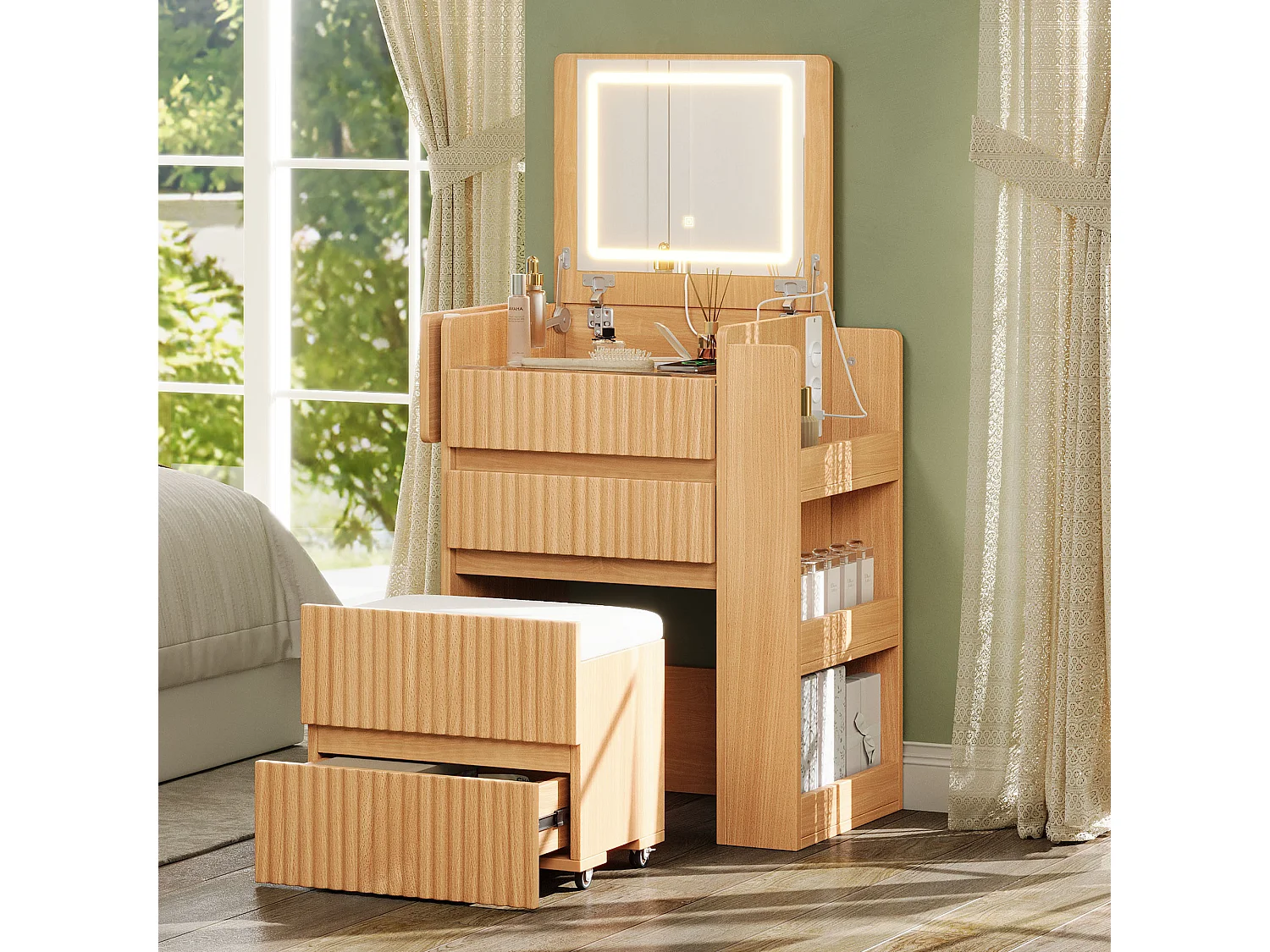 Coiffeuse avec miroir LED pliant, tabouret à roulettes, prises USB/USB-C et 3 tiroirs – Panneaux de particules et MDF – 58 x 40 x 80 cm – Naturel