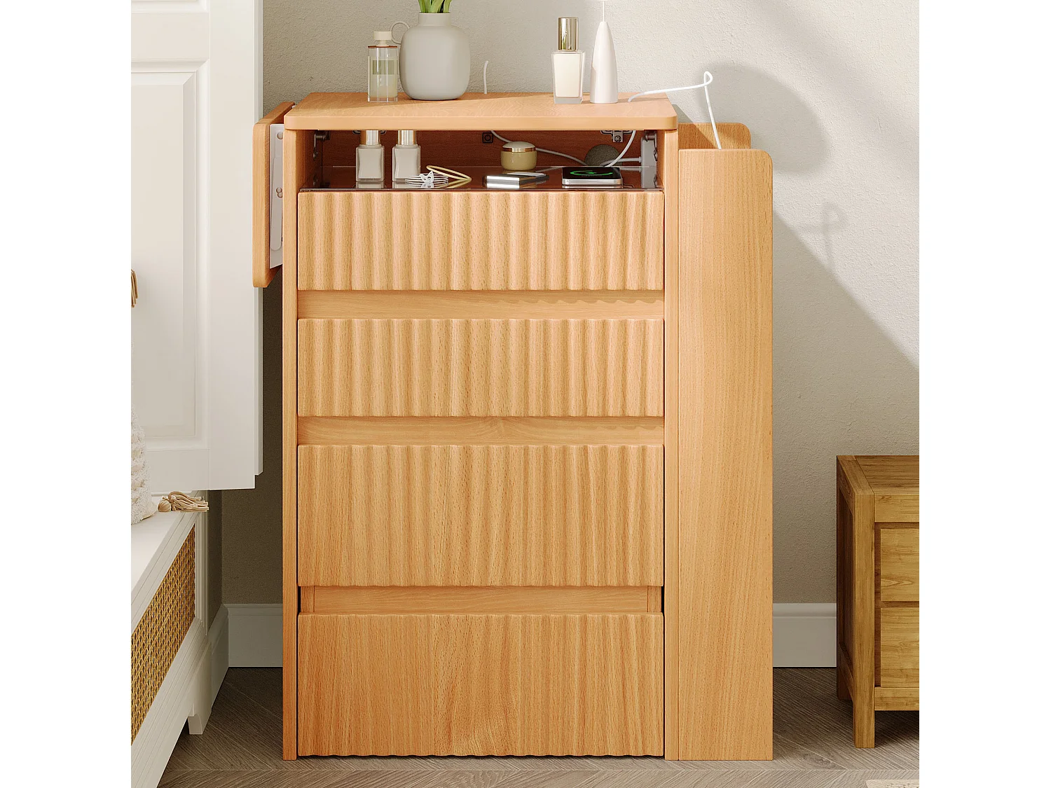 Coiffeuse avec miroir LED pliant, tabouret à roulettes, prises USB/USB-C et 3 tiroirs – Panneaux de particules et MDF – 58 x 40 x 80 cm – Naturel