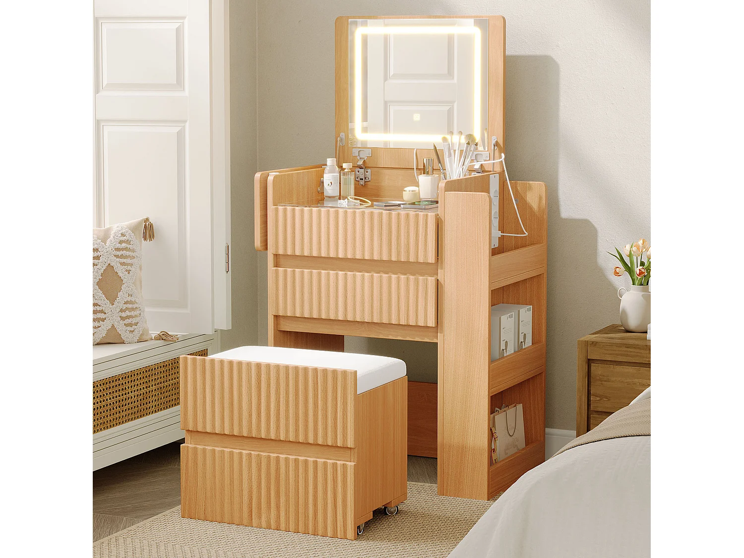 Coiffeuse avec miroir LED pliant, tabouret à roulettes, prises USB/USB-C et 3 tiroirs – Panneaux de particules et MDF – 58 x 40 x 80 cm – Naturel