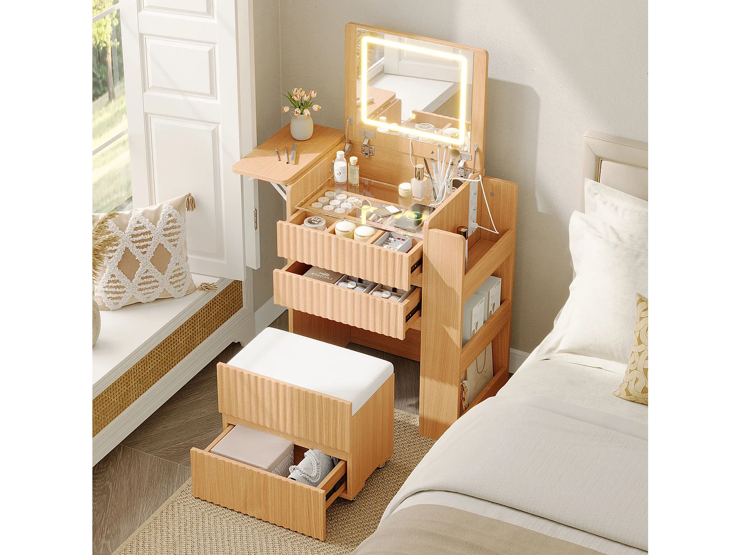 Coiffeuse avec miroir LED pliant, tabouret à roulettes, prises USB/USB-C et 3 tiroirs – Panneaux de particules et MDF – 58 x 40 x 80 cm – Naturel