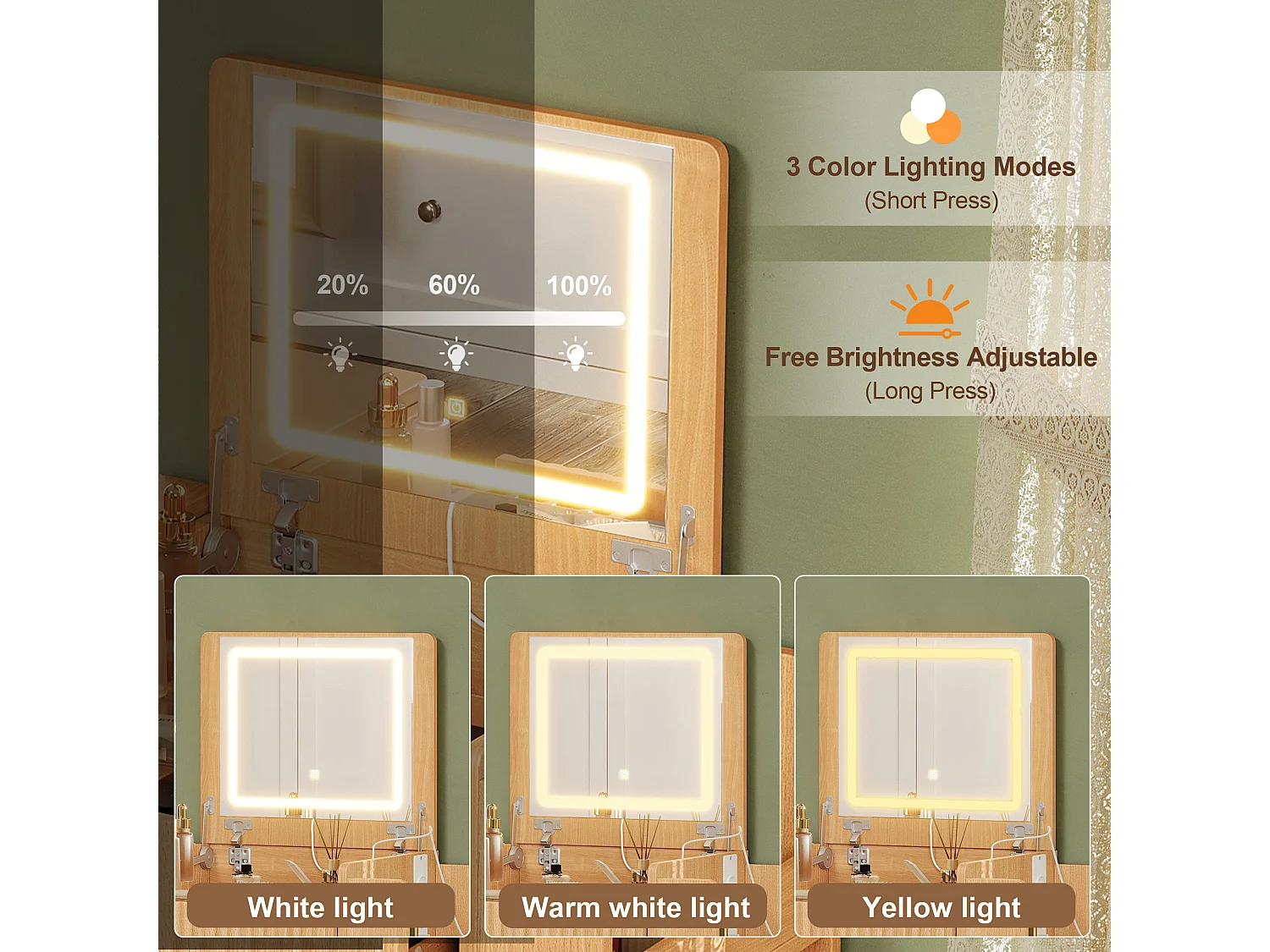 Coiffeuse avec miroir LED pliant, tabouret à roulettes, prises USB/USB-C et 3 tiroirs – Panneaux de particules et MDF – 58 x 40 x 80 cm – Naturel