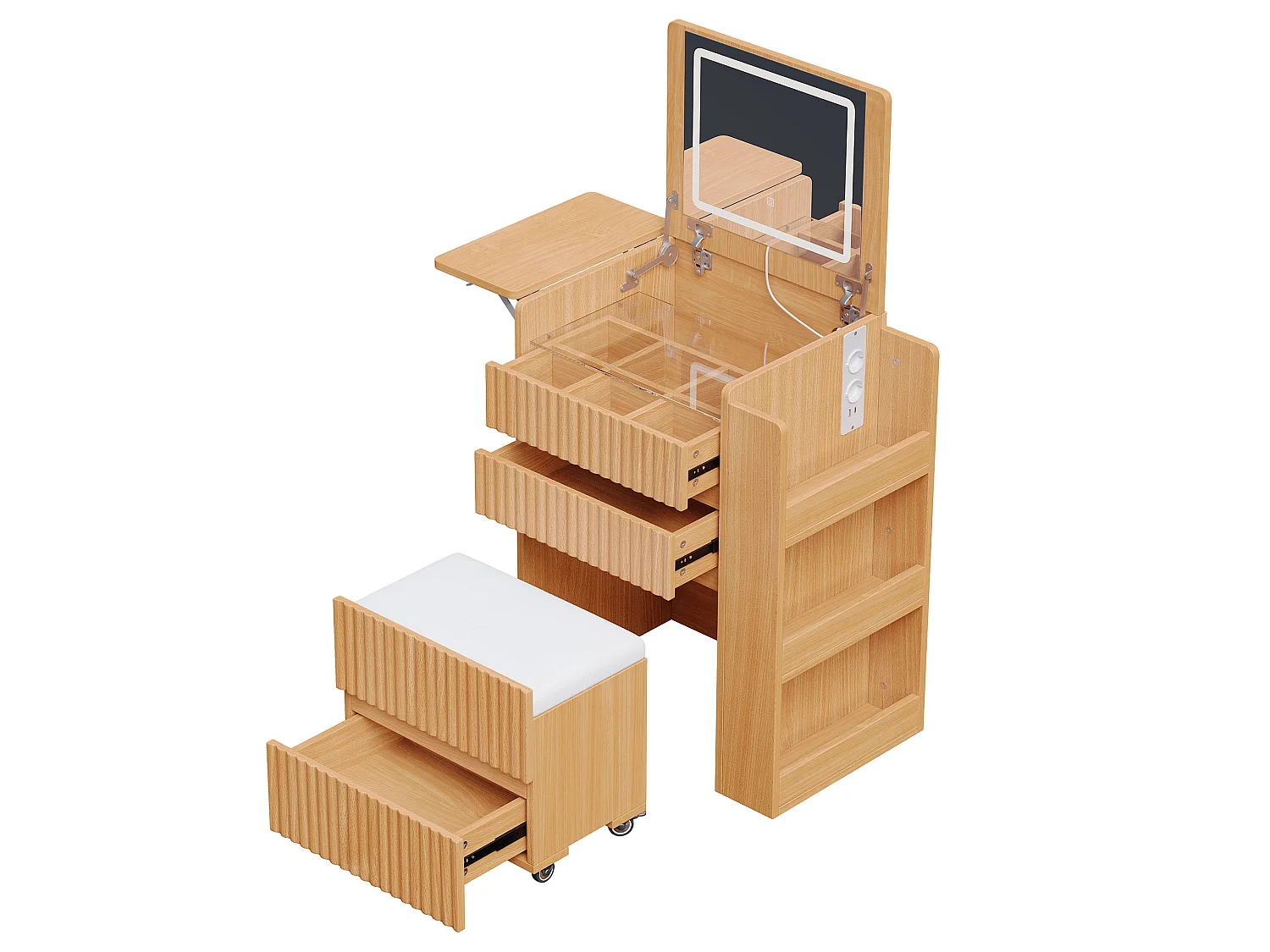 Coiffeuse avec miroir LED pliant, tabouret à roulettes, prises USB/USB-C et 3 tiroirs – Panneaux de particules et MDF – 58 x 40 x 80 cm – Naturel