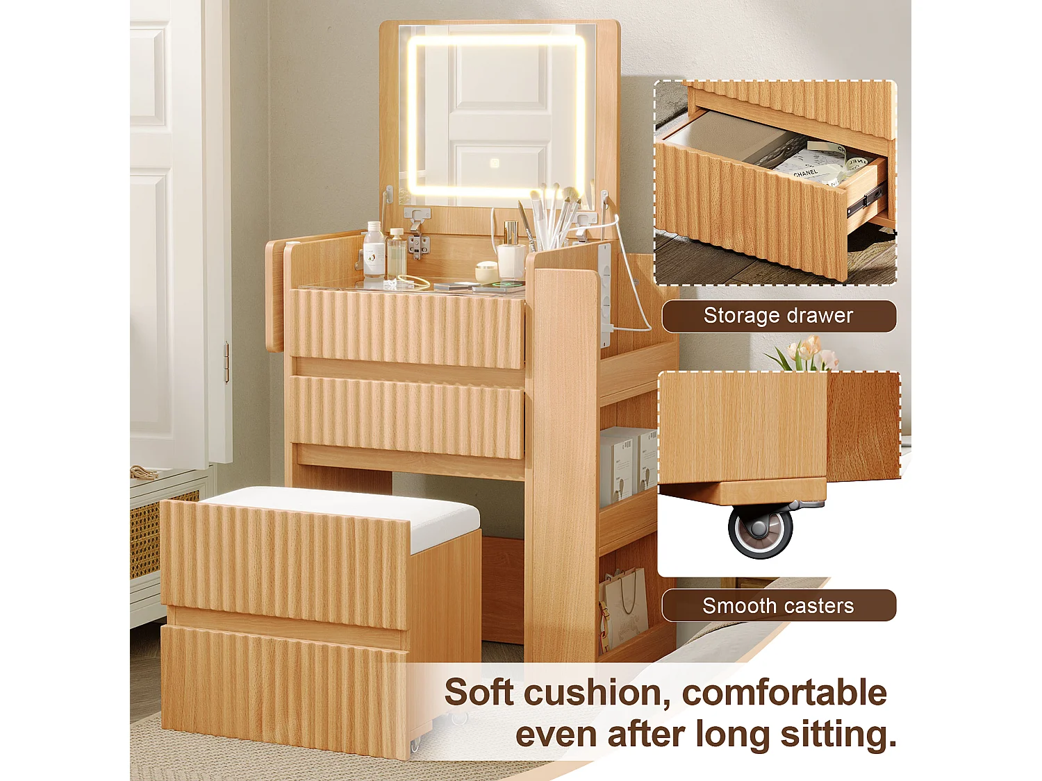 Coiffeuse avec miroir LED pliant, tabouret à roulettes, prises USB/USB-C et 3 tiroirs – Panneaux de particules et MDF – 58 x 40 x 80 cm – Naturel