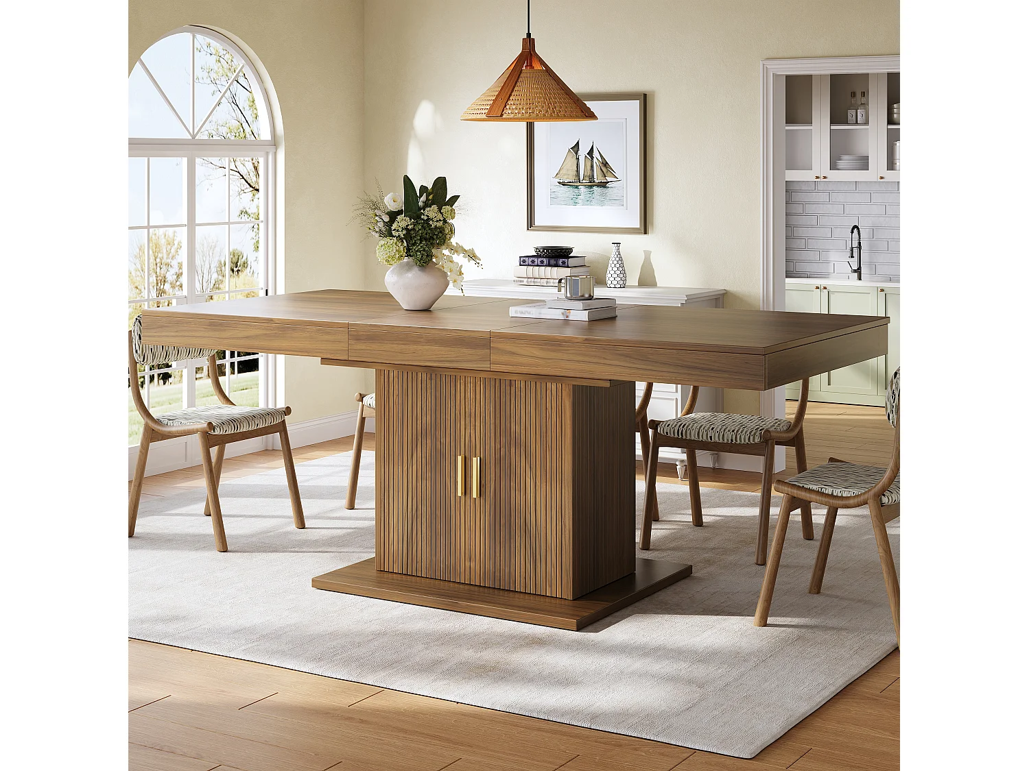 Ausziehbarer Esstisch mit 2 Türen und vertikalen Rillen – MDF und Metall – 140/180 x 90 x 75,2 cm – Braun