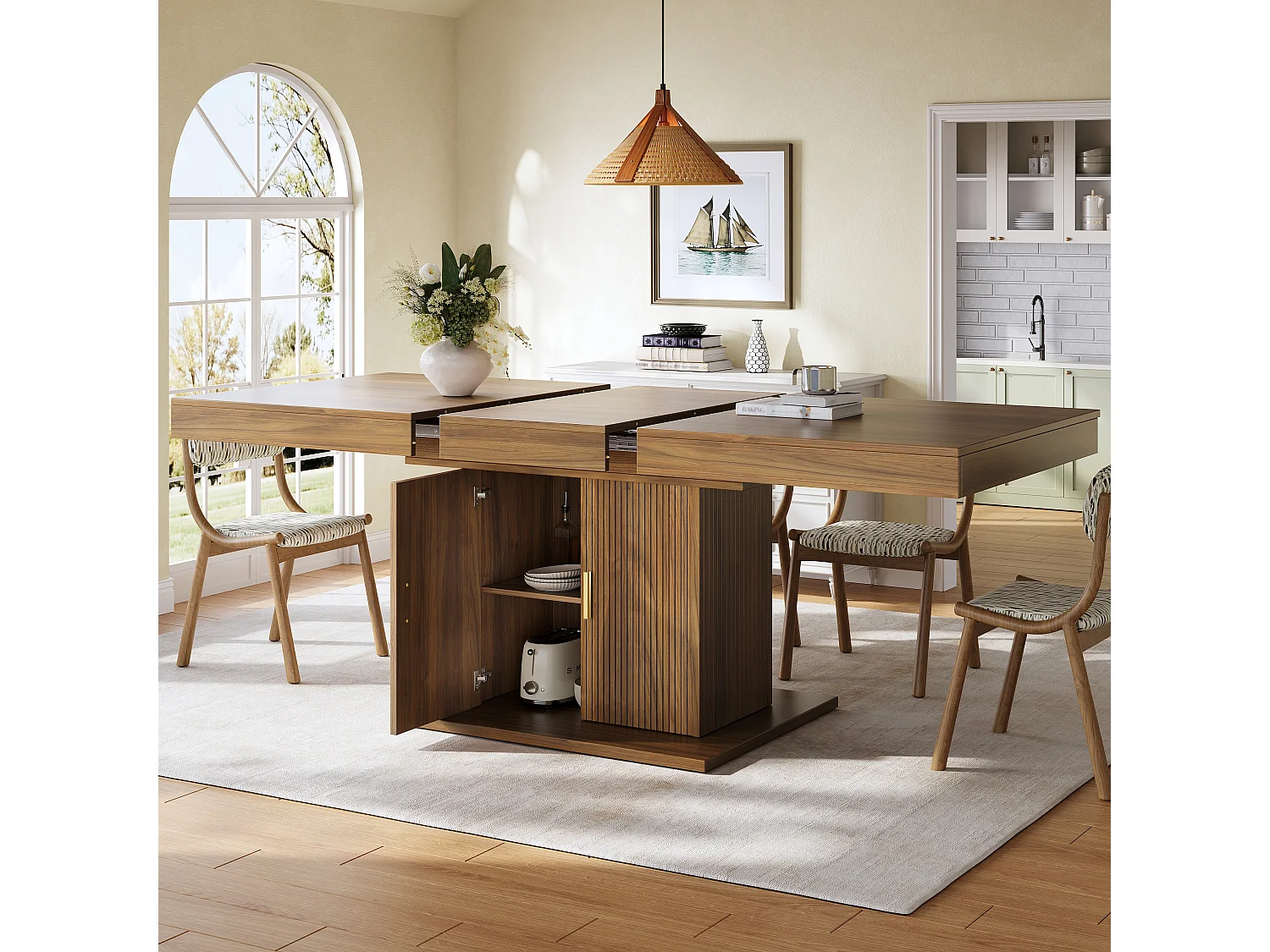 Ausziehbarer Esstisch mit 2 Türen und vertikalen Rillen – MDF und Metall – 140/180 x 90 x 75,2 cm – Braun
