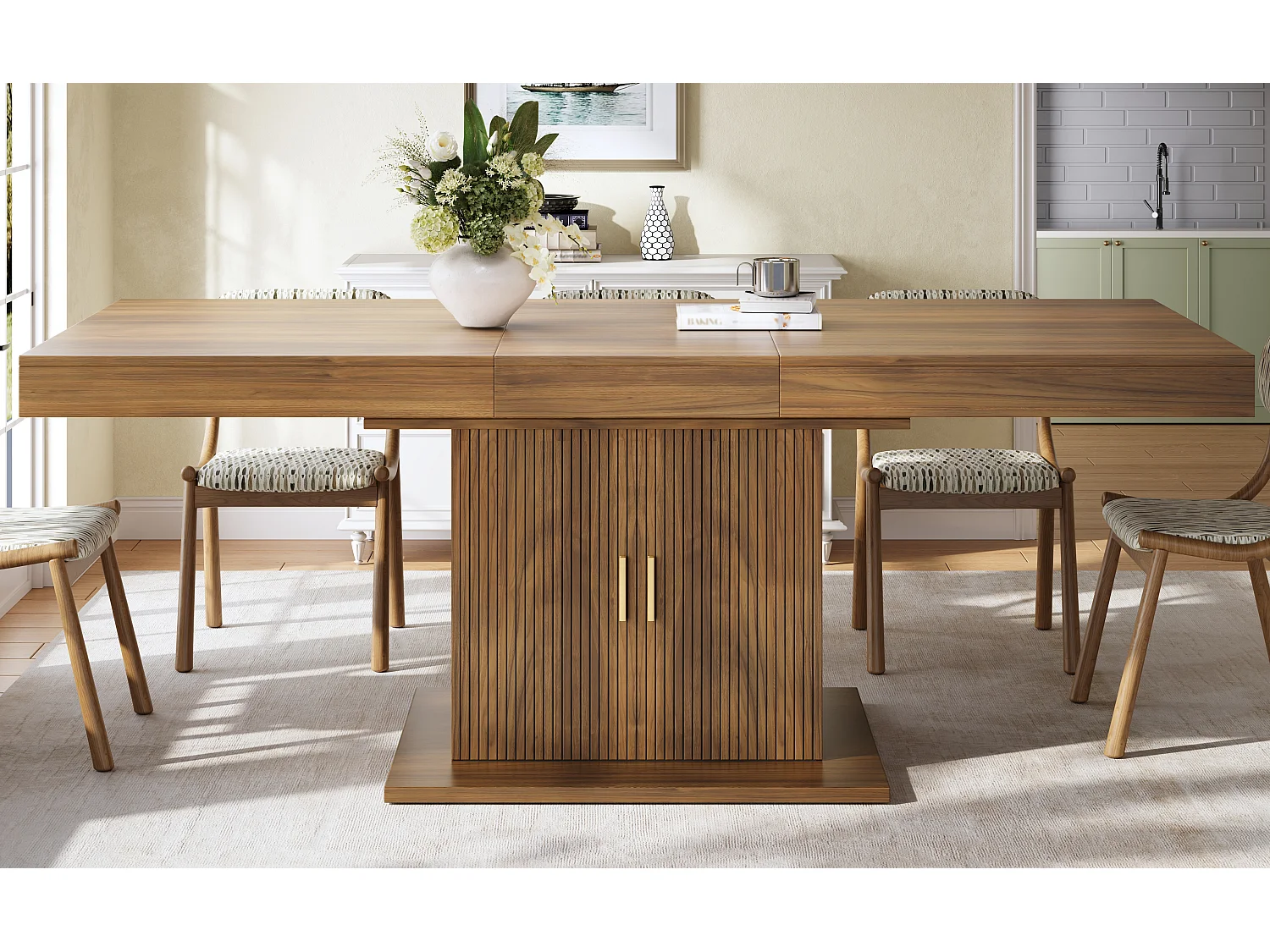 Ausziehbarer Esstisch mit 2 Türen und vertikalen Rillen – MDF und Metall – 140/180 x 90 x 75,2 cm – Braun