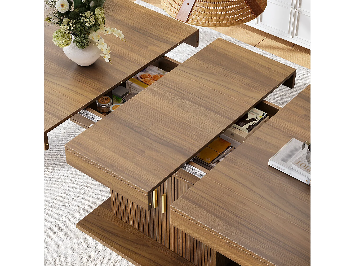 Ausziehbarer Esstisch mit 2 Türen und vertikalen Rillen – MDF und Metall – 140/180 x 90 x 75,2 cm – Braun