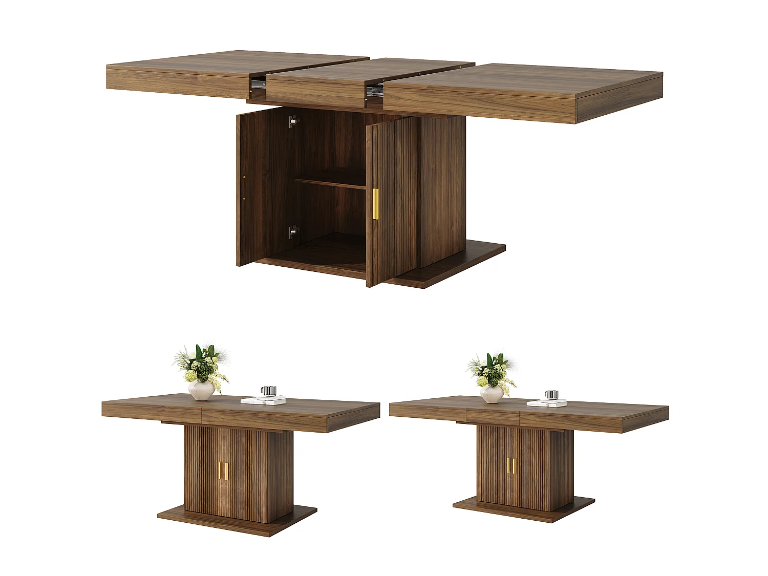 Ausziehbarer Esstisch mit 2 Türen und vertikalen Rillen – MDF und Metall – 140/180 x 90 x 75,2 cm – Braun