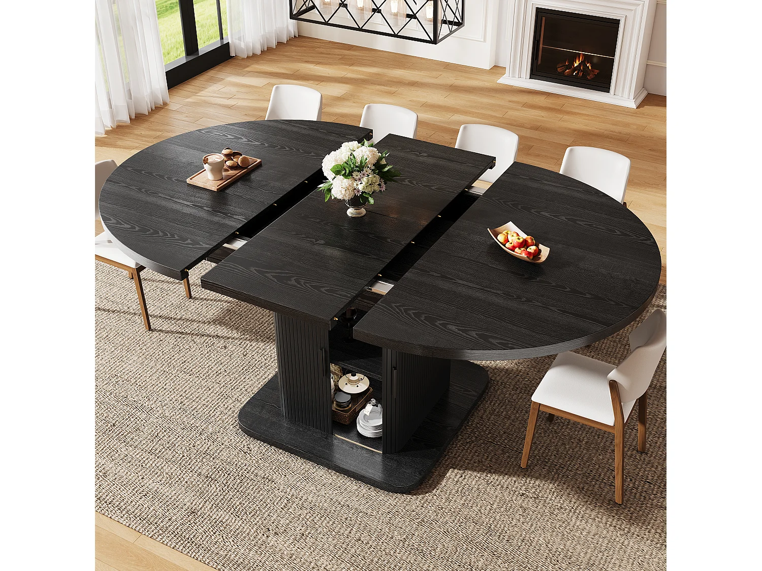 Table à manger ovale et extensible avec 2 portes coulissantes et étagère amovible - MDF et métal - 110/149,8 x 110 x 75 cm - Noir