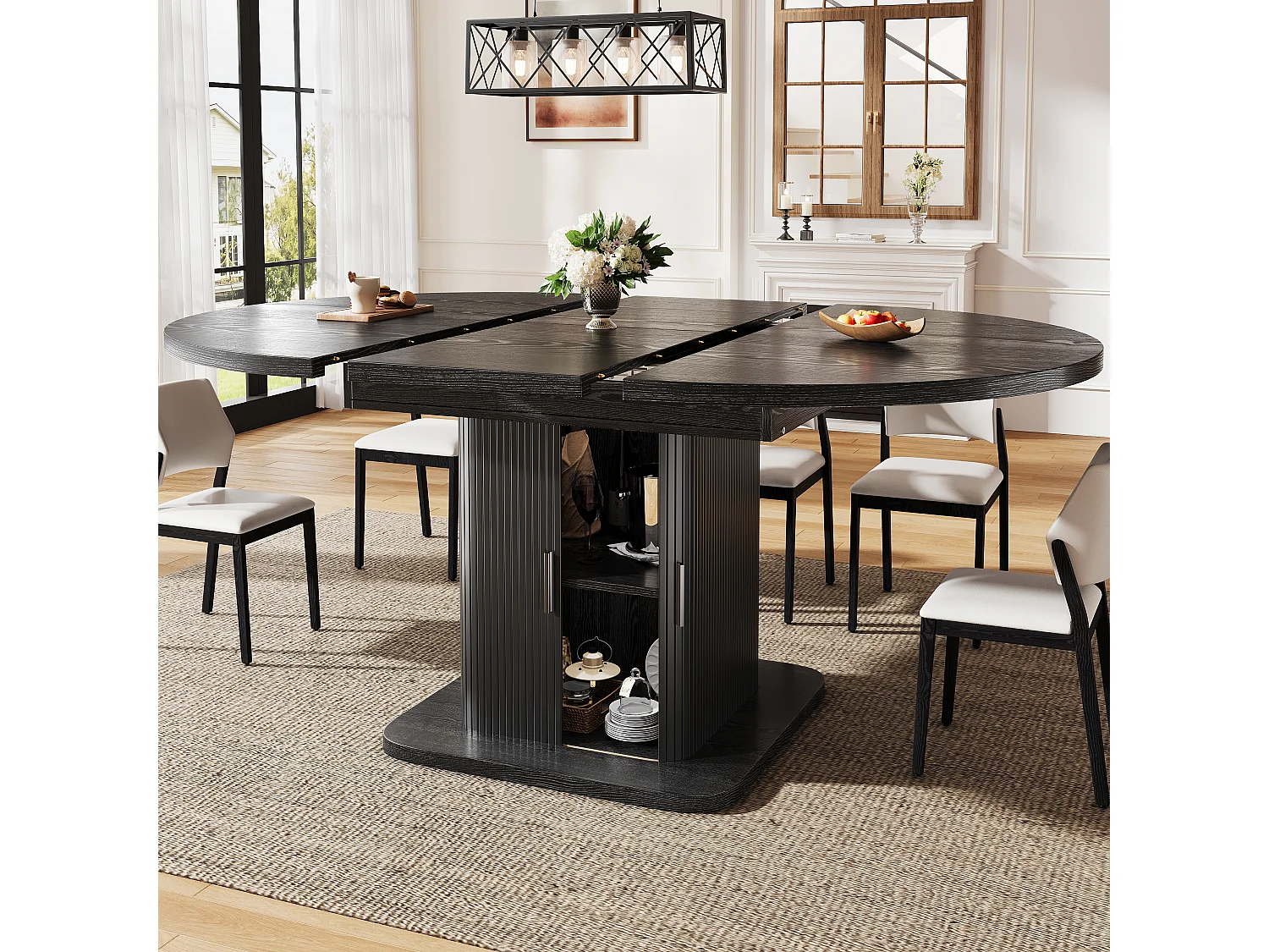 Table à manger ovale et extensible avec 2 portes coulissantes et étagère amovible - MDF et métal - 110/149,8 x 110 x 75 cm - Noir