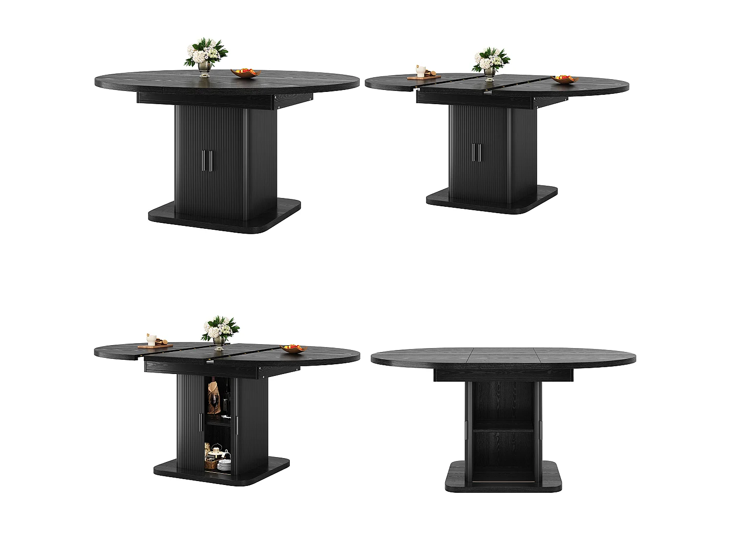 Table à manger ovale et extensible avec 2 portes coulissantes et étagère amovible - MDF et métal - 110/149,8 x 110 x 75 cm - Noir