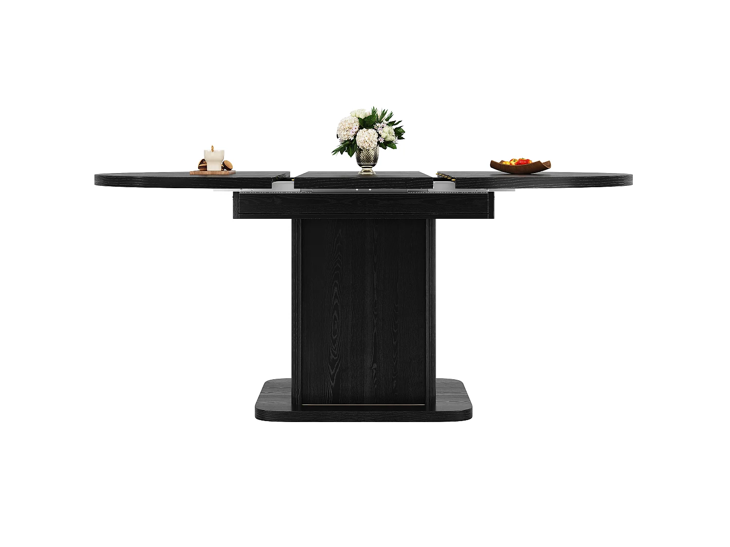 Table à manger ovale et extensible avec 2 portes coulissantes et étagère amovible - MDF et métal - 110/149,8 x 110 x 75 cm - Noir