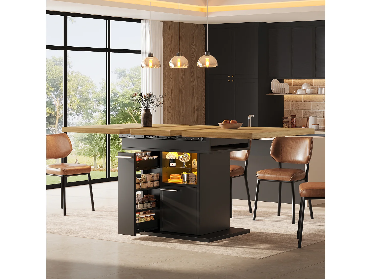 Rozkładany stół jadalny na 4-6 osób z wysuwanymi stolikami bocznymi, 1 drzwiami i 2 półkami - oświetlenie LED - płyta MDF - 110/140 x 80 x 77,2 cm - czarny