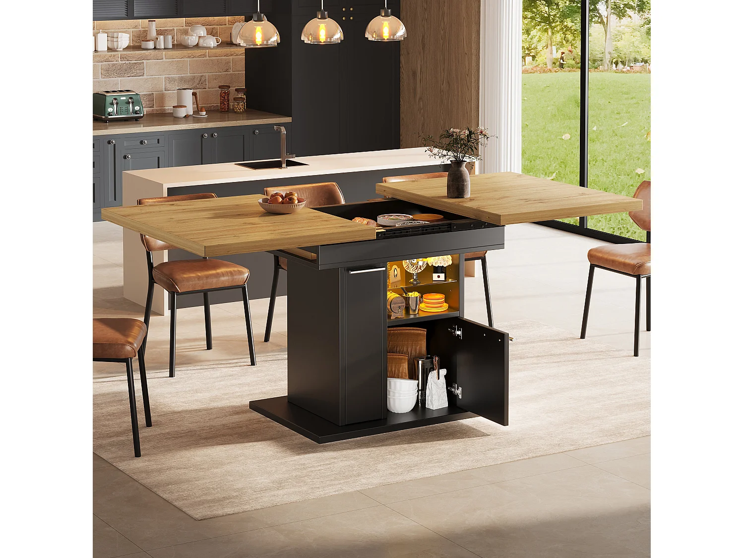 Rozkładany stół jadalny na 4-6 osób z wysuwanymi stolikami bocznymi, 1 drzwiami i 2 półkami - oświetlenie LED - płyta MDF - 110/140 x 80 x 77,2 cm - czarny