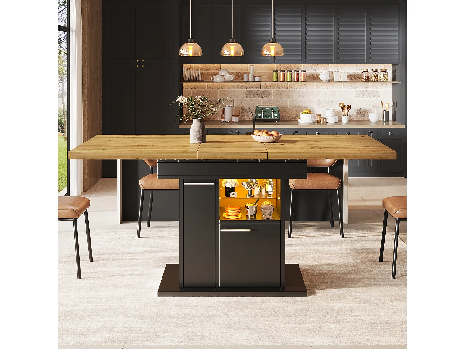 Rozkładany stół jadalny na 4-6 osób z wysuwanymi stolikami bocznymi, 1 drzwiami i 2 półkami - oświetlenie LED - płyta MDF - 110/140 x 80 x 77,2 cm - czarny