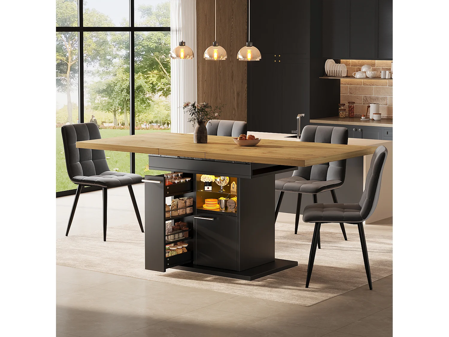 Rozkładany stół jadalny na 4-6 osób z wysuwanymi stolikami bocznymi, 1 drzwiami i 2 półkami - oświetlenie LED - płyta MDF - 110/140 x 80 x 77,2 cm - czarny