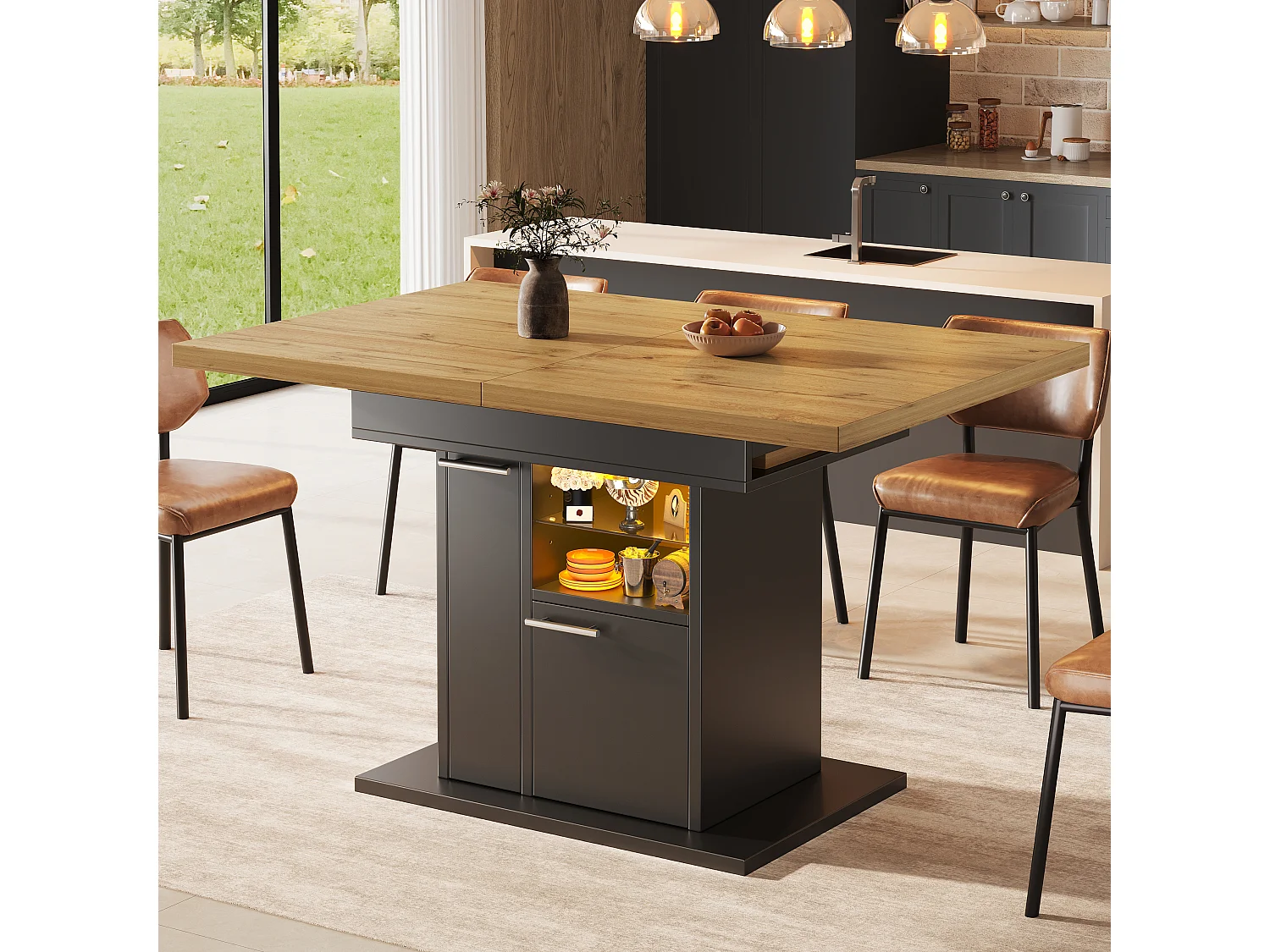 Rozkładany stół jadalny na 4-6 osób z wysuwanymi stolikami bocznymi, 1 drzwiami i 2 półkami - oświetlenie LED - płyta MDF - 110/140 x 80 x 77,2 cm - czarny