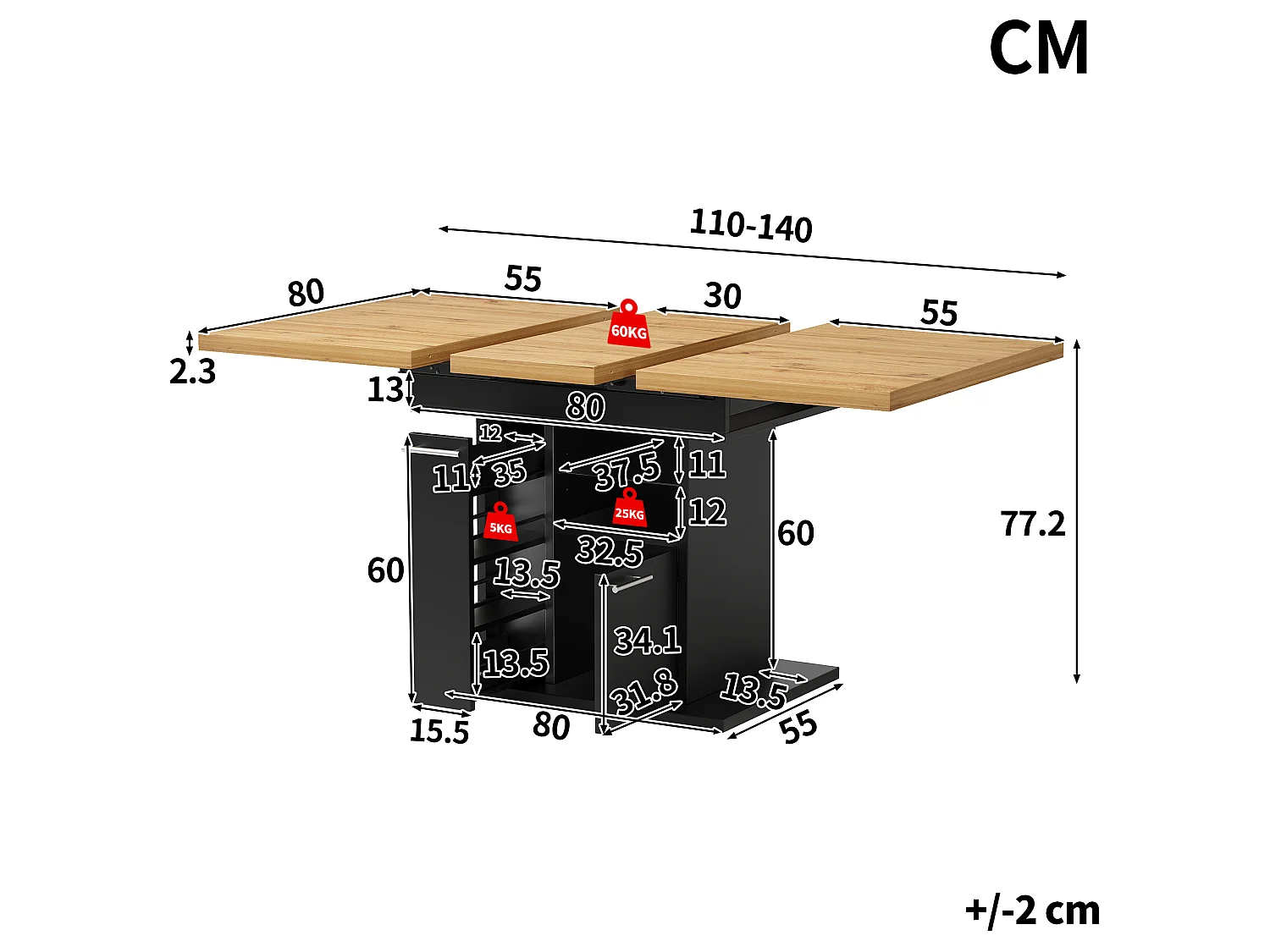 Rozkładany stół jadalny na 4-6 osób z wysuwanymi stolikami bocznymi, 1 drzwiami i 2 półkami - oświetlenie LED - płyta MDF - 110/140 x 80 x 77,2 cm - czarny