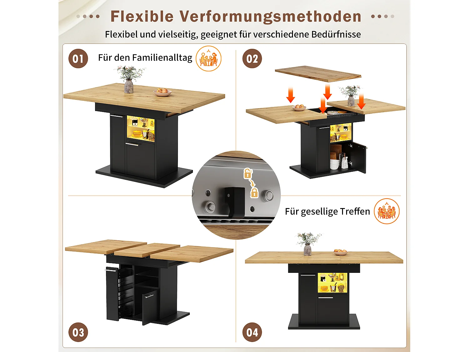 Rozkładany stół jadalny na 4-6 osób z wysuwanymi stolikami bocznymi, 1 drzwiami i 2 półkami - oświetlenie LED - płyta MDF - 110/140 x 80 x 77,2 cm - czarny