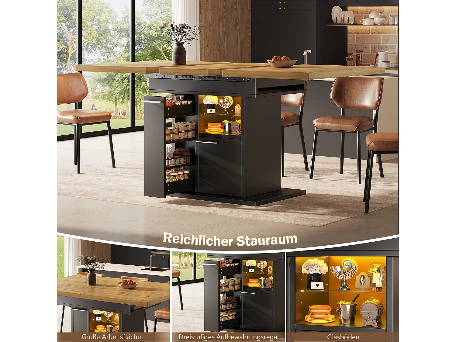 Rozkładany stół jadalny na 4-6 osób z wysuwanymi stolikami bocznymi, 1 drzwiami i 2 półkami - oświetlenie LED - płyta MDF - 110/140 x 80 x 77,2 cm - czarny