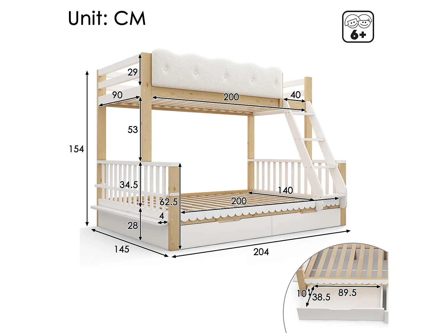 Letto a castello 90 x 200 cm + 140 x 200 cm con sponda di protezione a nuvola, 2 cassetti e portariviste – Pino, truciolato e compensato – Bianco + rovere