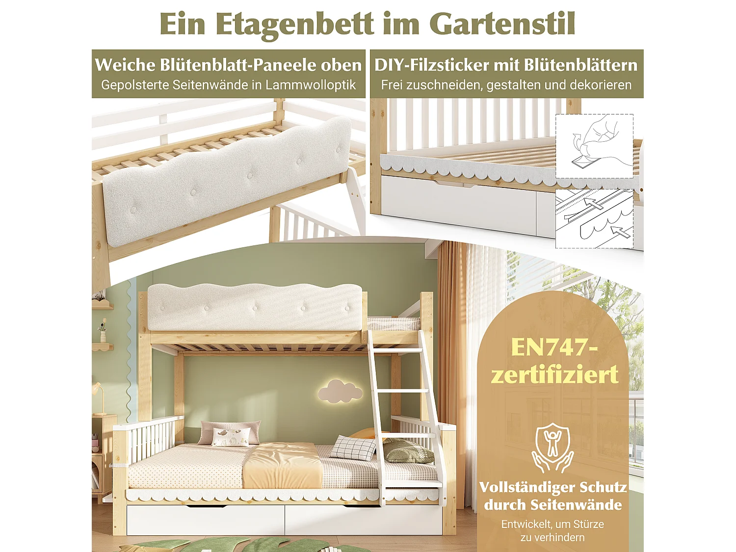 Letto a castello 90 x 200 cm + 140 x 200 cm con sponda di protezione a nuvola, 2 cassetti e portariviste – Pino, truciolato e compensato – Bianco + rovere