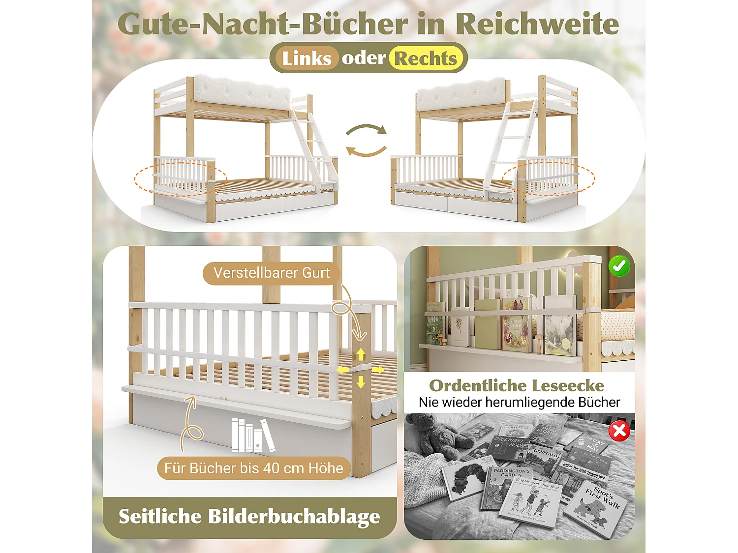 Letto a castello 90 x 200 cm + 140 x 200 cm con sponda di protezione a nuvola, 2 cassetti e portariviste – Pino, truciolato e compensato – Bianco + rovere