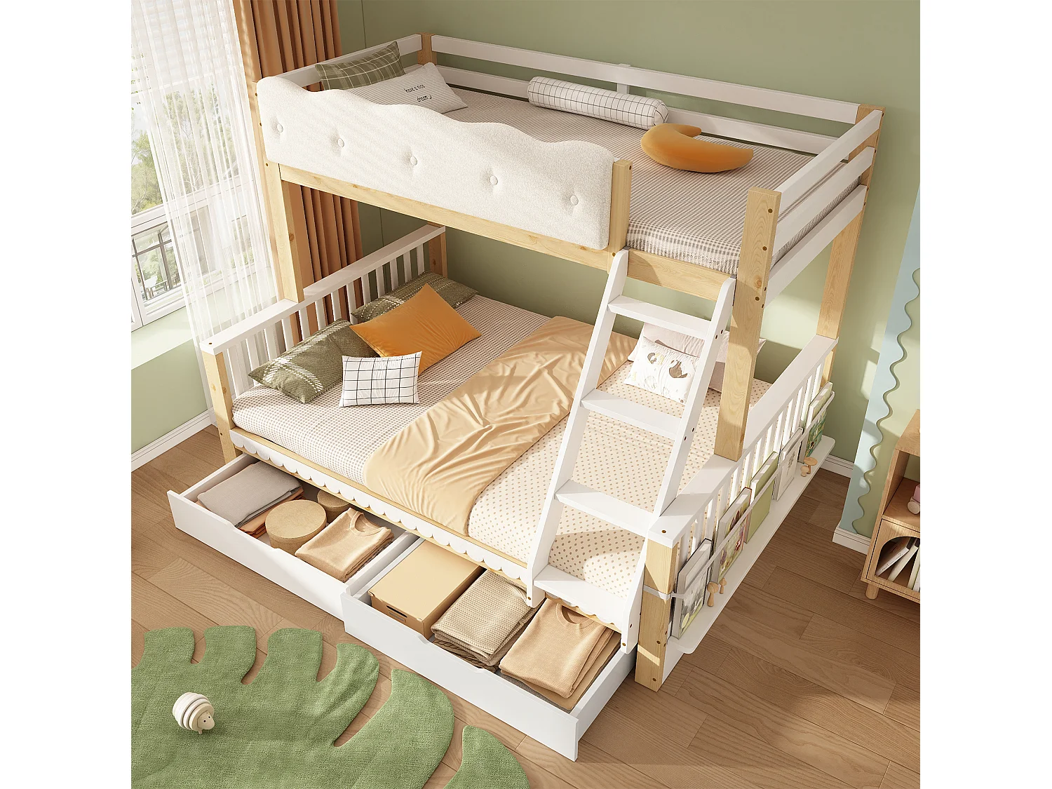 Letto a castello 90 x 200 cm + 140 x 200 cm con sponda di protezione a nuvola, 2 cassetti e portariviste – Pino, truciolato e compensato – Bianco + rovere